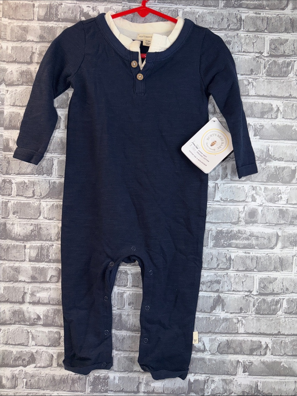 NWT Burt's Bees Baby Navy Long-Sleeve One-Piece Romper with Cream Collar